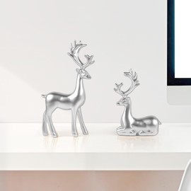 2 Pcs Christmas Reindeer Sculpture, Resin Elk Statues Deer Decorations for Home, Office, Bookshelf TV Stand, Living Room (Silver)