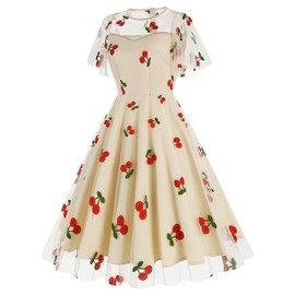 Vintage 1950 Cherry Dress Women Mesh Sleeve Dress Wedding Guest Dresses Short Flutter Sleeve Cherry Print Embroidery A Line Swing Holiday Dress Cocktail Party Evening Prom Gown Apricot Cherry S