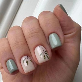 Aikeis Pack of 24 Nail Stamping Short Square Print on False Nails with Green Leaves Stick on Nails Acrylic Nails Sea Green