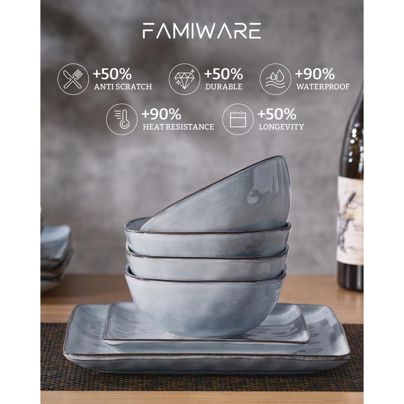 Famiware Dinnerware Sets for 4, Ocean Square 12-Piece Kitchen Plates