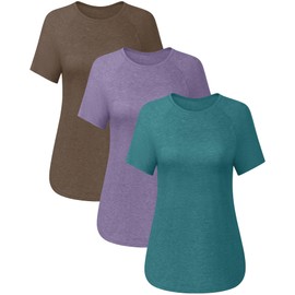 Ficerd 3 Pcs Women Short Sleeve Shirts Curved Hem Top Round Neck Tunics Side Split Summer for Women(XL,Dark Brown, Lavender, Turquoise)