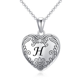 SOULMEET 18K White Gold Plated Silver Cameo Initial Heart Locket Necklace That Holds Pictures Photo Locket Necklace Alphabet H (Locket only),Gift for Women Girls