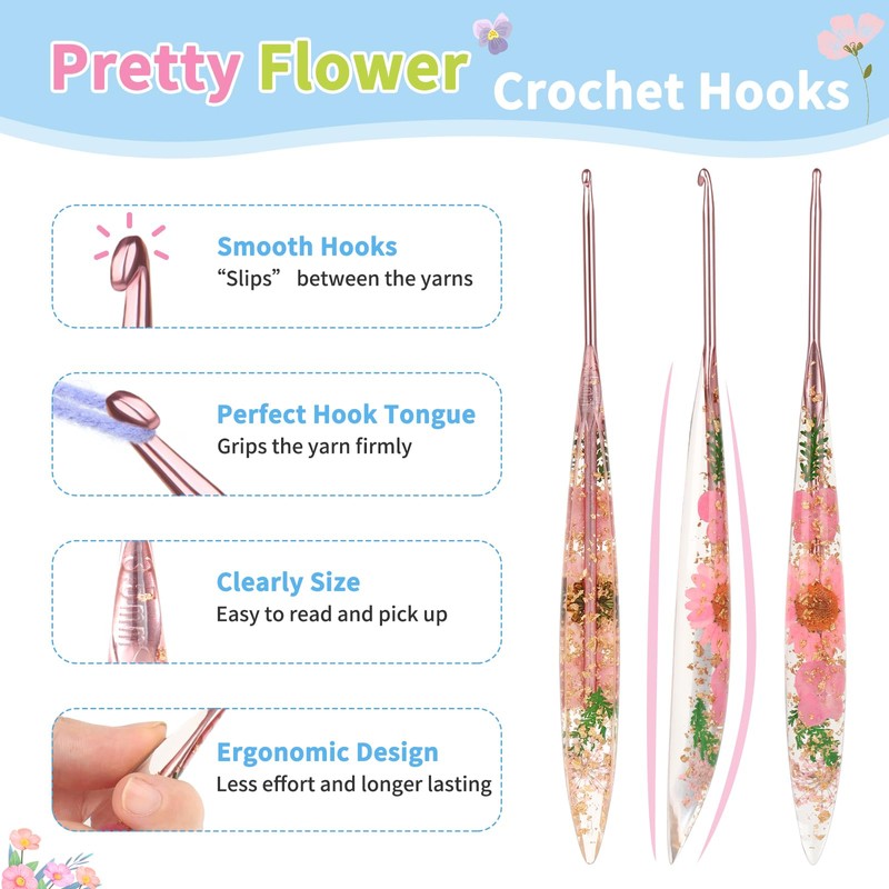 Coopay 3.5mm Crochet Hook, Sparkly Floral Pattern Crochet Hooks, Ergonomic