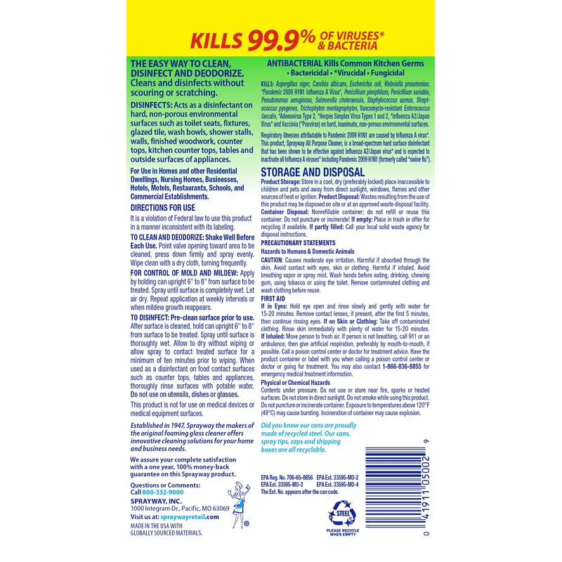 Sprayway All Purpose Disinfectant Cleaner, Foaming Action, 19 Ounce