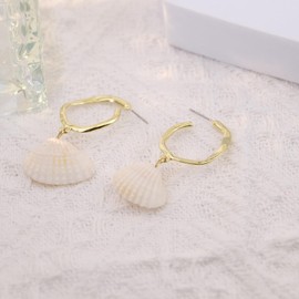 Atifober Gold Shell Dangle Earrings - Stainless Steel, Large, Boho Natural Scallop Design - Perfect for Beach, Vacation, Holiday