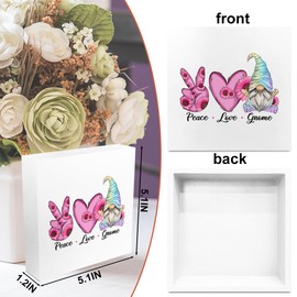 Gnomes Decorations for Home, Farmhouse White Wooden Box Sign, Pink Sunflower Rustic Country Wooden Sign, Bedroom Office Desk Table Shelf Valentine's Day Decor