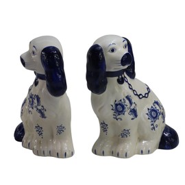 SYNWISH Hand Painted Porcelain Blue& White 9.4" H Dog with Chain Pair of Figurines Statue Ceramic Collectibles Home Décor