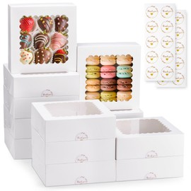 SHINXIOS 20pcs Bakery Boxes with Window, 8x8x2.5 inches White Treat Boxes for Desserts, Cookie, Pastry, Chocolate Strawberries and Pie