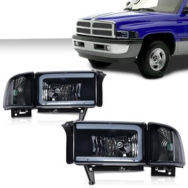 GRAND ORANGE LED Light Strip Headlight Assembly Lamps w/Bulbs Compatible with Dodge Ram 1500 1994-2001/Dodge Ram 2500 3500 1994-2002 CH2503101,Smoke Lens Black Housing Clear Reflector Headlamps