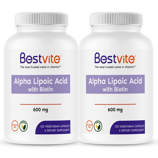 BESTVITE Alpha Lipoic Acid 600mg (per Capsule) with Biotin to Enhance Absorption (240 Vegetarian Capsules) (2 x 120) No Fillers - No Stearates - No Flow Agents