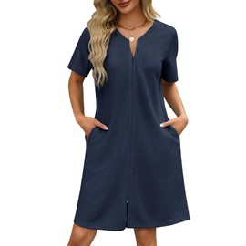 Ekouaer Women Zipper Robes Waffle Short Bathrobe Lightweight House Coat with Pockets Soft Nightgown(Navy Blue, X-Large)