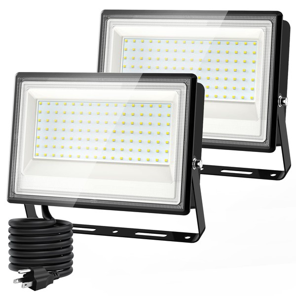 Olafus 2 Pack 100W LED Flood Light Outdoor, 9000lm LED Work Light with Plug, IP66 Waterproof Exterior Security Lights, 6500K Daylight White Outside Floodlights for Playground Yard Stadium Lawn Ball
