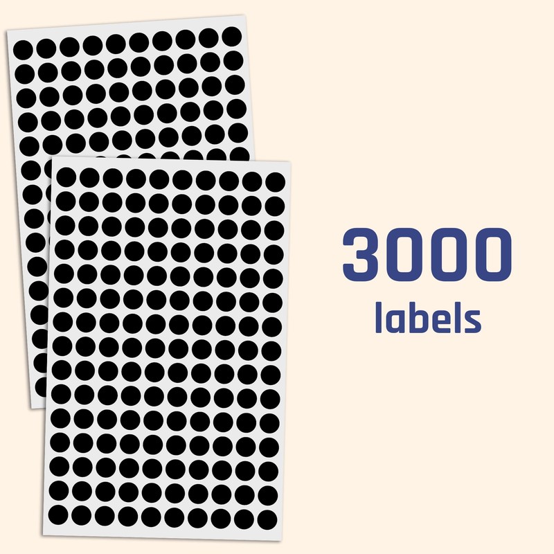 3,000 Pack, 10mm Round Dot Stickers Sticky Labels - Black