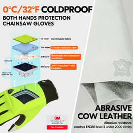 Vgo... 1 Pair Chainsaw Winter Gloves, Safety Cowhide Work Gloves, Mechanic's Gloves, 12-Layer Chainsaw Protection 0℃/32°F (CA9760FLWP)