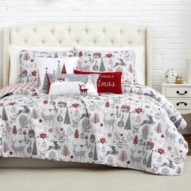 Southshore Fine Living, Inc. Holly Jolly Christmas Quilt Set, Twin Size 5-Piece Christmas Bedding Set w/Shams & Holiday Throw Pillow; Reversible Bedspread, Christmas Trees & Reindeer, Red & White