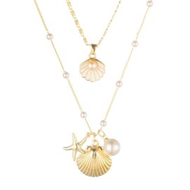 Gold Charm Necklace for Women 18K Gold Shell sea turtle Starfish Necklace White Pearl Choker Necklaces Summer Beach seashell necklace Jewelry for Women Gift (Gold-D)