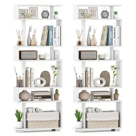 Giantex 6-Tier Geometric Bookcase Set of 2, 64" Tall S-Shaped Bookshelf w/Anti-Tipping Kit, Wood Freestanding Decorative Storage Display Shelves for Living Room, Bedroom & Home Office, White