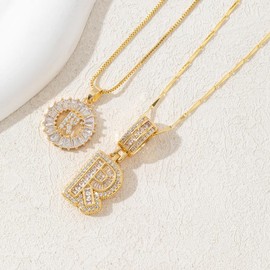 Alphabet Pendant Full Diamond Rock Candy 26 Letters Necklace for Women Copper Inlaid Zircon Plated Real Gold Round Flower Alphabet Set cadena mujer:_R_Gold