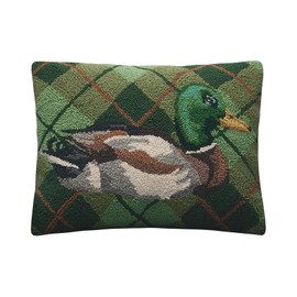 Peking Handicraft Mallard Duck Plaid 18" x 14" Hooked Wool Throw Pillow with Polyfill Insert