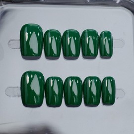 Short Square Press on Nails with Solid Color Fake Nails Designs Thick Acrylic and Muti-Layer Gel False Nails Glossy Blackish Green Handmade Press on Nails Full Cover Stick on Nails for Women (S)
