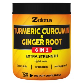 6 in 1 Turmeric Curcumin + Ginger Capsules, 95% Curcuminoids with Ginger, Garlic Bulb, Bromelain, Moringa, Black Pepper - 120 Capsules
