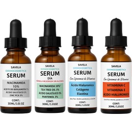 Kit Rutina Facial Diaria de 4 Serums, Niacinamida, Tea tree, Pantenol, Ácido Hialuronico, Vitamina A, Vitamina E, Colágeno y elastina. 30 ml c/u