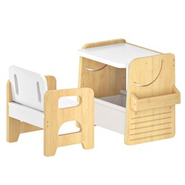 HOOBRO Kids Table and Chair Set, Bamboo Toddler Table and Chair Set, Weaning Baby Table Chair Set for Age 1-3, Two-Sided Flip Tabletop, Kids Funiture for Reading Eating Playing Natural YW30KT01