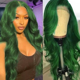 Colorful Bird Dark Green Body Wave Lace Front Wigs Human Hair 13x4 HD Transparent Lace Frontal Wigs for Women Brazilian Body Wave Human Hair Wigs Pre Plucked Hairline 150% Density Mint Green 24 Inch