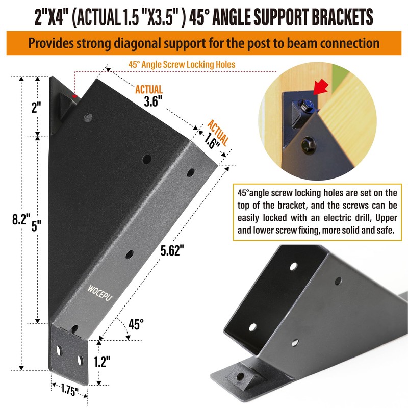 Wocepu 2pack 2x4 (Actual 1.5''x3.5'') Degree Angle Support Brackets, For