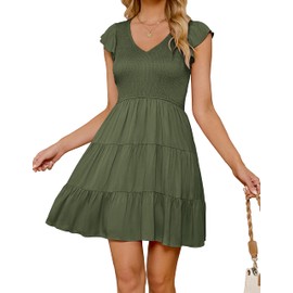 ZESICA Women's 2025 Summer Casual V Neck Flutter Sleeve Bohemian Ruffle Smocked A Line Swing Mini Dress,ArmyGreen,Medium