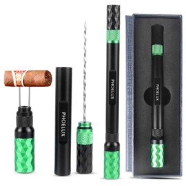 Phoelux Cigar Punch Multitool 4-in-1 Cigar Draw Enhancer Tool, Twin Needle, Retractable and Screw Out Cigar Double End Punch-2 Size Blades Cigar Hole Opener with Gift Box (Black Green)
