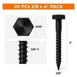 3/8 x 4 Black Lag Bolts, 20 PCs Dacromet-Coated 304 Stainless Wood Heavy Duty Lag Screws for Deck Frame and Outdoor Projects, Hex Head