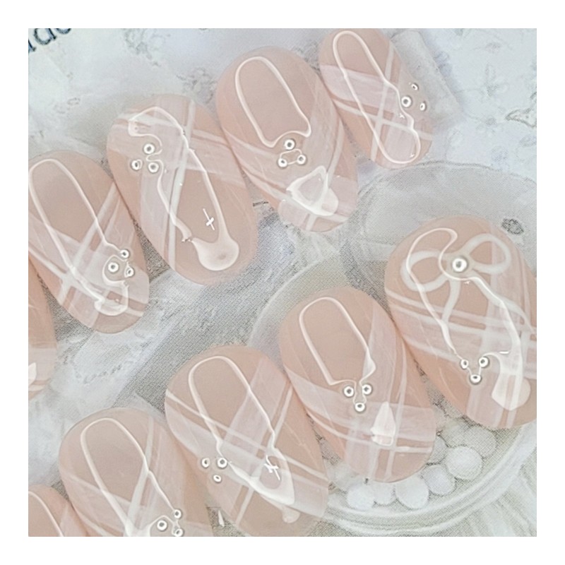 Pearl Ribbon Handmade Nail Tips - Stiletto M / 진주
