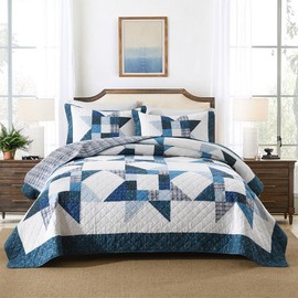 camandy Cotton Quilt Bedding Sets 3 Pieces Soft Reversible Coverlets Luxury Star Real Patchwork Bedspread, Blue White, Queen Size