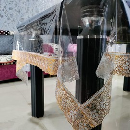 SNDecor Indoor Outdoor Heavy Duty Premium Crystal Clear Vinyl Tablecloth, Waterproof Wipeable Plastic Protector Cover for Tables (Golden Lace, 54" x 140")