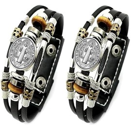 BaBakiak St Benedict Exorcism Medal Leather Bracelet, Multilayer with Beads 2PCS, Patron Saint Amulet Religion Jewelry
