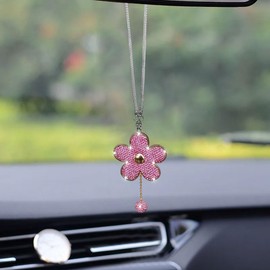 Bling Car Hanging Charm Accessories, Crystal Flower Car Rear View Mirror Pendant Decoration, Car Interior Ornament Accessories for Women Girls Presents (Pink)