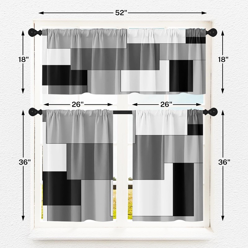 Tayney Black White Gray Kitchen Window Curtains Valance and Tier