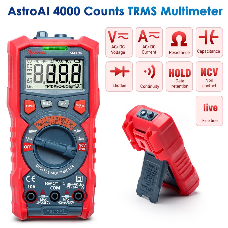 AstroAI Multimeter Tester, TRMS 4000 Counts Volt Meter Auto-Ranging Ohmmeter