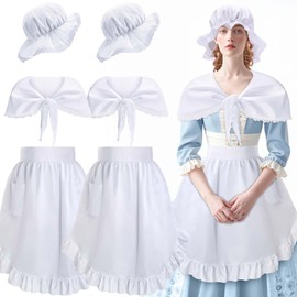 Watayo 2 Set/6 Pcs Women Colonial Costume Accessory Set, White Colonial Bonnet Shawl Waist Apron with Pockets, Revolutionary Maid Cosplay Costume for Women Girls Dress Up Party