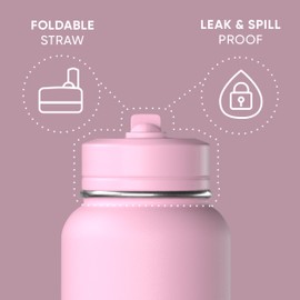 Hydrapeak 32oz Sport Insulated Water Bottle with Straw or Chug Lid, Leak & Spill Proof, Keeps Drinks Cold for 24 Hours, Hot for 12 Hours, Premium Stainless Steel Water Bottles (32oz, Pink)
