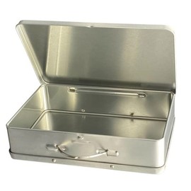 Travel Suitcase Blank Mini Tin Rectangular Candy Box with Handle Food Safe Volume 0.8 L Dimensions: 17.4 x 11.5 x 4.0 cm