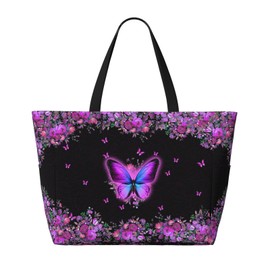 Owlfder Large Beach Bag for Women Elegant Purple Butterfly Floral Waterproof Travel Shoulder Tote Bag with Pocket for Weekender Pool Vacation