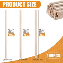 160Pcs Balsa Wood Sticks, 12 Inch Square Wooden Dowels, Hardwood Square Dowels Unfinished Wooden Strips for DIY Molding Crafts Projects Making