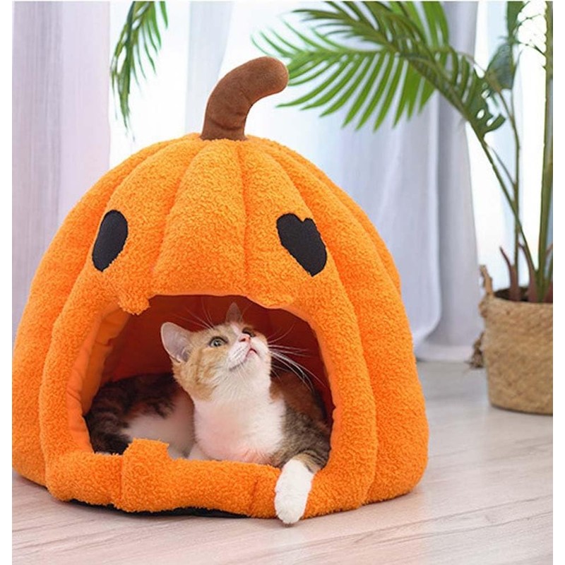 Cute Pumpkin Cat Bed for Indoor Cats, Halloween Pumpkin Cat