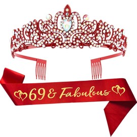 69th Birthday Sash and Tiara for Women Red 69 Fabulous Birthday Decorations Happy Birthday Party Favor Supplies Gifts for Her