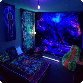 Roninkier Lebensbaum Wandteppich Psychedelic Wald - Mond Sonne Tapisserie Fluoreszierender-UV Wandbehang WandtüCher Schwarz ästhetik Wandtuch Dekor für Schlafzimmer Wohnzimmer,230x180cm
