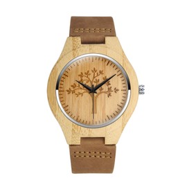 MICGIGI Men's Women's Analogue Quartz Wooden Watch Tree Pattern Bamboo Wood Watch with Leather Strap, Strap.