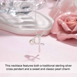 Sterling Silver Cross Necklace for Girls - First Communion, Baptism, Confirmation Gifts for Teenage Girl, Little Girls Jewelry with Pearl, Easter Gifts for Godchild