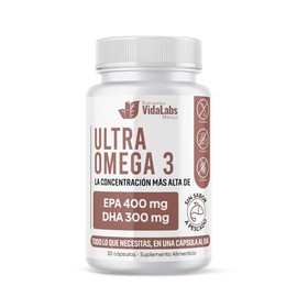Ultra Omega 3 Nutrientes Vidalabs México Aceite de pescado Premium Alta Concentración 400 mg EPA Y 300 mg DHA, Apoyo A La Salud Del Corazón, Las Articulaciones Y Cerebro 30 Cápsulas Blandas Pack 1 Frasco